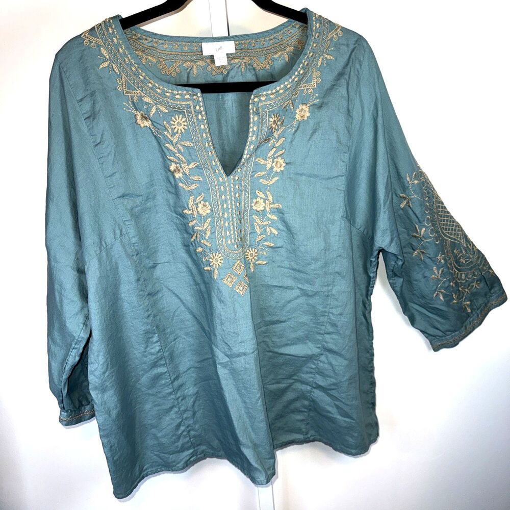 J Jill Detailed Embroidery Soft Cotton Twill Top V Neck Boho Blue/Tan XL $99 - Picture 4 of 10